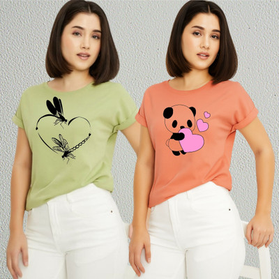 Lecowar Printed Women Round Neck Green, Pink T-Shirt