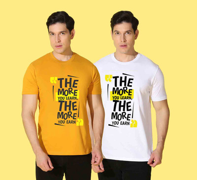 WOOSTRO Printed Men Round Neck Yellow, White T-Shirt