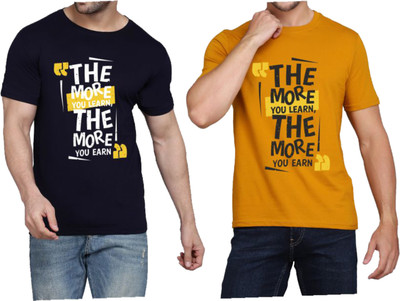 WOOSTRO Printed Men Round Neck Navy Blue, Yellow T-Shirt