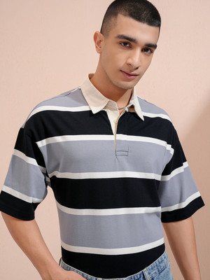 HIGHLANDER Striped Men Polo Neck Black, Grey T-Shirt