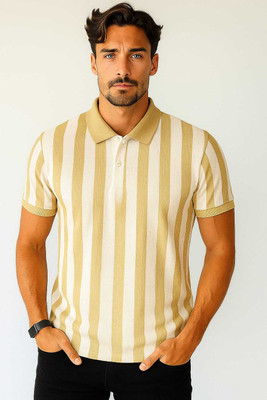 WILD ELEPHANT Striped Men Polo Neck Yellow T-Shirt
