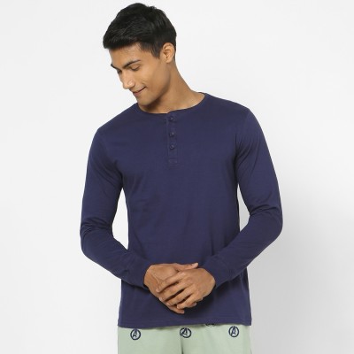 Ajile By Pantaloons Solid Men Henley Neck Dark Blue T-Shirt