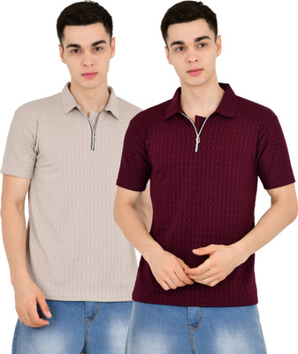 KEOTI Self Design Men Zip Neck Beige, Maroon T-Shirt