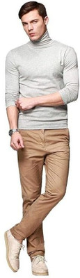 GLAMPANDA Solid Men High Neck Grey T-Shirt
