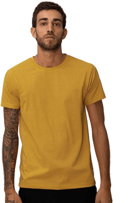 Lowercase Solid Men Round Neck Yellow T-Shirt