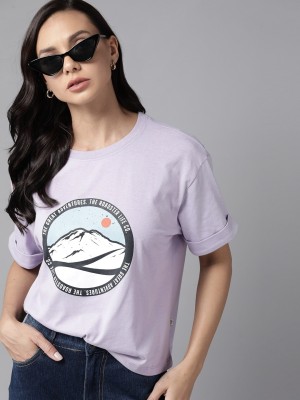 Roadster Printed, Typography Women Round Neck Purple T-Shirt