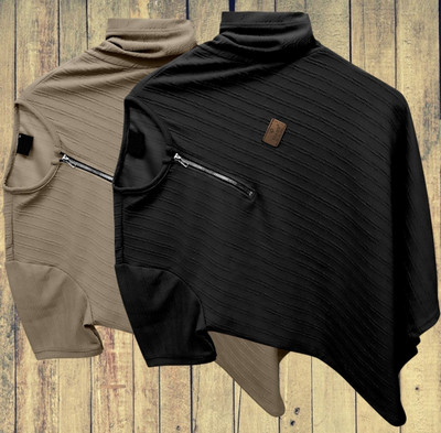 BELPATRA Self Design Men Zip Neck Brown, Black T-Shirt