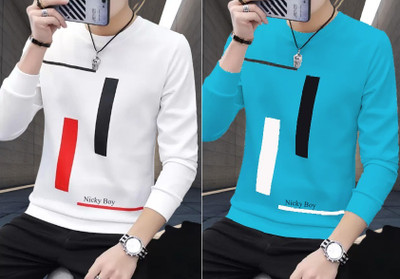 Lieo Trend Printed Men Round Neck White, Light Blue T-Shirt