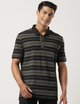 JOCKEY Striped Men Polo Neck Black T-Shirt