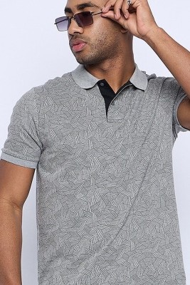 HouseOfCommon Printed Men Polo Neck Grey T-Shirt