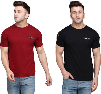 GEUM Solid Men Round Neck Maroon, Black T-Shirt