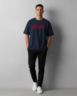Clever Fox Typography Men Round Neck Navy Blue T-Shirt
