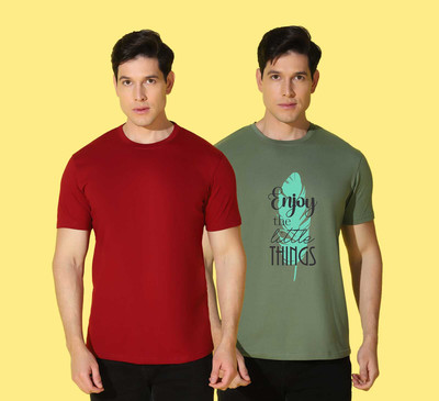 WOOSTRO Printed Men Round Neck Maroon, Green T-Shirt