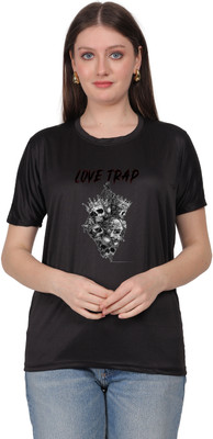 LIFE STYLE COMMERCE C Printed Women Round Neck Black T-Shirt