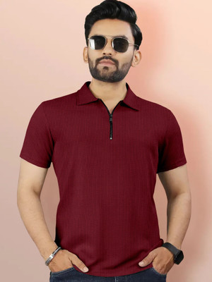 MENTIFIC Self Design Men Polo Neck Maroon T-Shirt