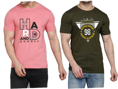 WOOSTRO Printed Men Round Neck Pink, Dark Green T-Shirt