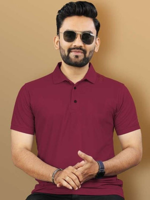 LumBit Solid Men Polo Neck Maroon T-Shirt