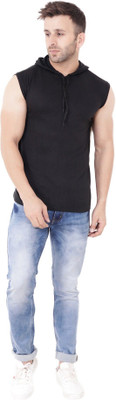 GEUM Solid Men Hooded Neck Black T-Shirt