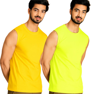 Jangoboy Solid Men Round Neck Yellow, Green T-Shirt