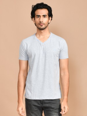 SKYKNIT Solid Men V Neck Grey T-Shirt