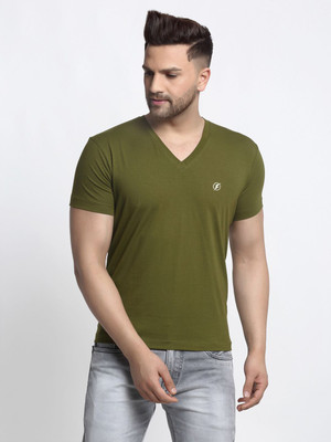 FRISKERS Solid Men V Neck Green T-Shirt