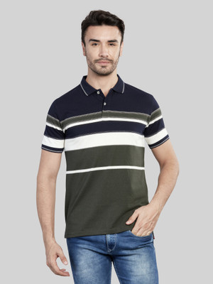 BE POSITIVE Striped Men Polo Neck Dark Blue T-Shirt