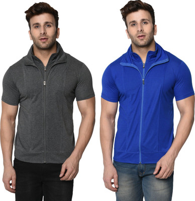 JB Jagoboy Self Design, Solid Men High Neck Blue, Grey T-Shirt