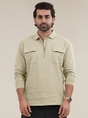 MANIAC Solid Men Polo Neck Beige T-Shirt