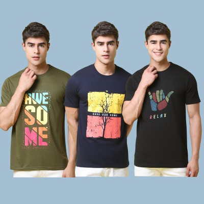 1 Stop Fashion Printed Men Round Neck Navy Blue, Black, Dark Green T-Shirt