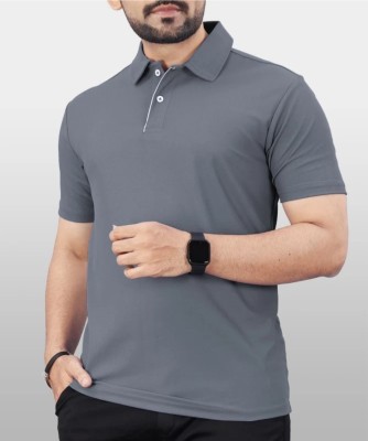 Riksaw Solid Men Polo Neck Grey T-Shirt