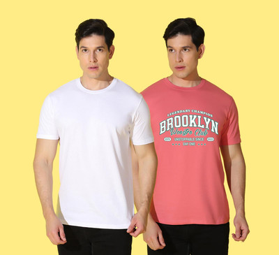 WOOSTRO Printed, Solid Men Round Neck White, Pink T-Shirt