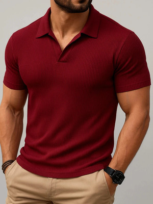 TAZO Solid Men Polo Neck Maroon T-Shirt
