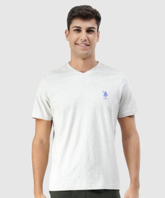 U.S. POLO ASSN. Solid Men V Neck White T-Shirt