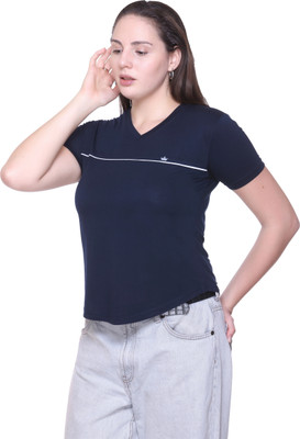 top ten Solid Women V Neck Navy Blue T-Shirt
