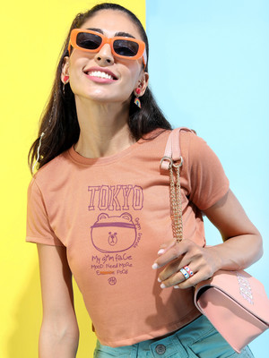 Tokyo Talkies Printed Women Round Neck Brown T-Shirt