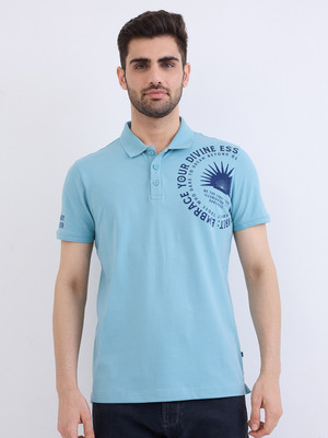 Spykar Printed Men Polo Neck Blue T-Shirt