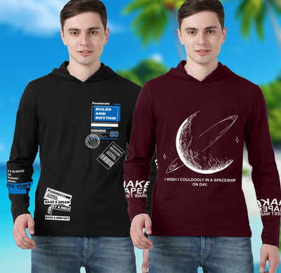 Azy Fabrics Printed Men Hooded Neck Black, Maroon T-Shirt
