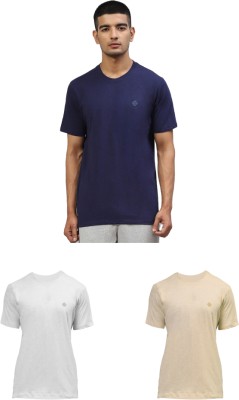 Almo Solid Men Round Neck White, Blue, Beige T-Shirt