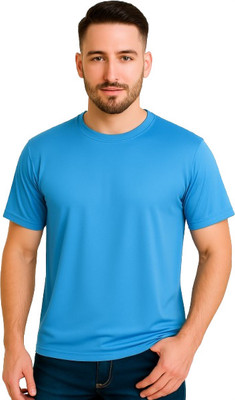 mommyprint Solid Men Round Neck Blue T-Shirt