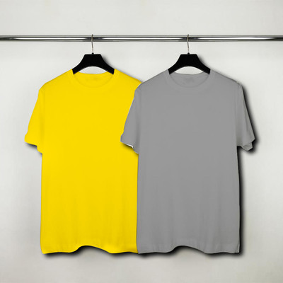 Wanglet Solid Men Round Neck Grey, Yellow T-Shirt