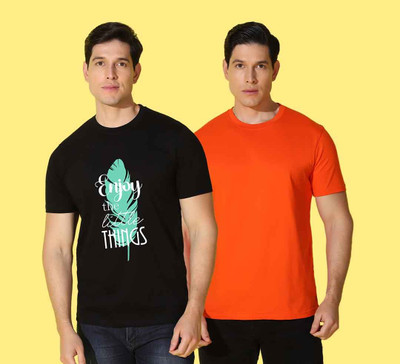 WOOSTRO Graphic Print, Solid Men Round Neck Orange, Black T-Shirt