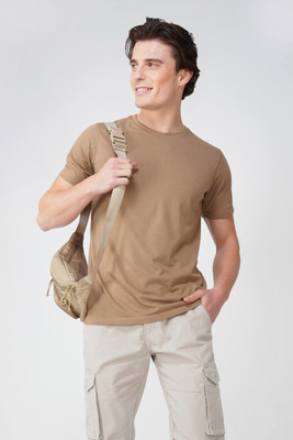 GORELAX Solid Men Crew Neck Beige T-Shirt
