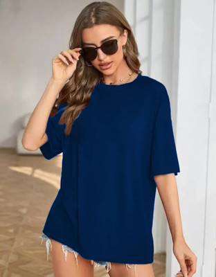 etsun Solid Women Round Neck Blue T-Shirt