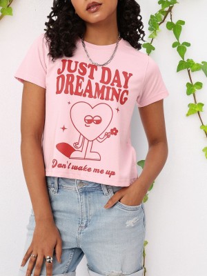 Dressberry Printed Women Round Neck Pink T-Shirt