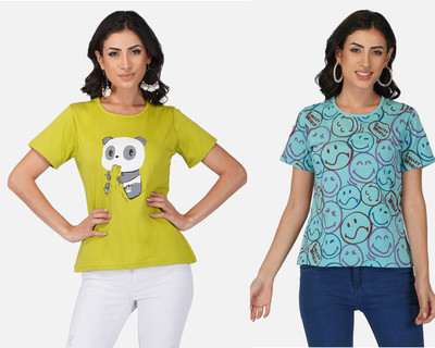 HouseOfCommon Printed Women Round Neck Multicolor T-Shirt