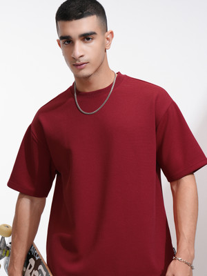 HIGHLANDER Self Design Men Round Neck Maroon T-Shirt