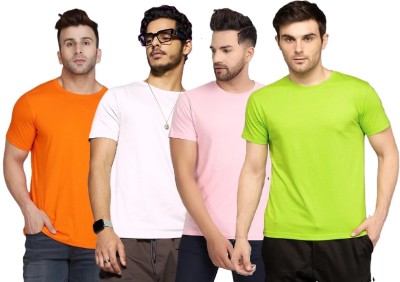 FIVEFEB Solid Men Round Neck Orange, White, Pink, Light Green T-Shirt