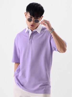 The Souled Store Solid Men Polo Neck Purple T-Shirt