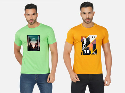 GLOBAL NOMAD Printed Men Round Neck Yellow, Light Green T-Shirt