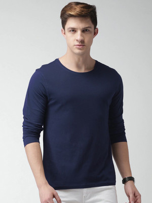 OrrganicChics Solid Men Round Neck Navy Blue T-Shirt
